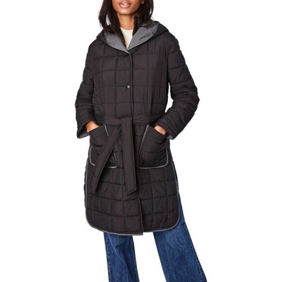 Bernardo Quilted Reversible Belted Coat Womens Medium Black Gray - Picture 1 of 9